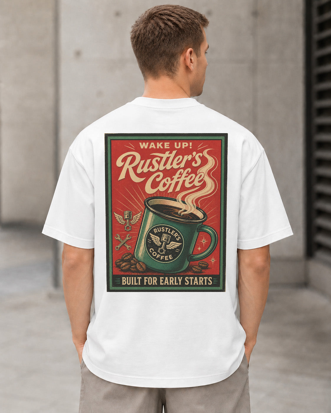 Rustlers Coffee T-Shirt – Heavyweight Oversize Shirt Weiss, Rückenprint