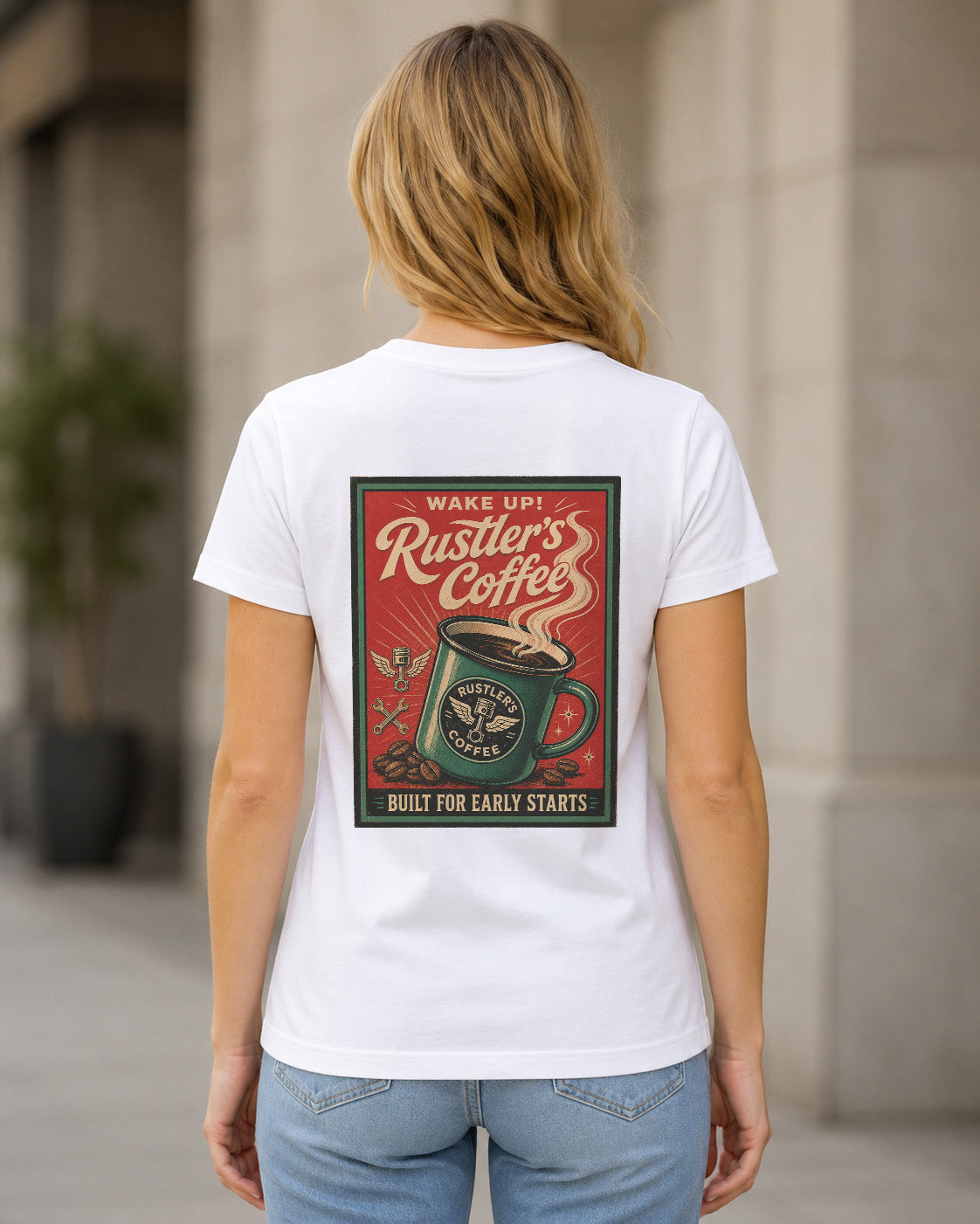 Rustlers Coffee T-Shirt – Frauen Shirt Weiss, Rückenprint