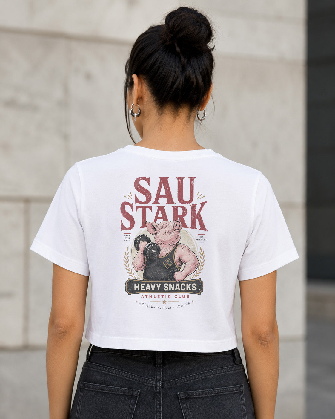 Sau Stark T-Shirt – Frauen Crop Shirt Weiss, Rückenprint
