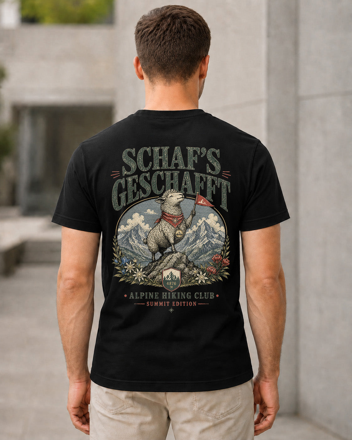 Schafs Geschafft T-Shirt – Bio-Baumwolle Shirt Schwarz, Rückenprint