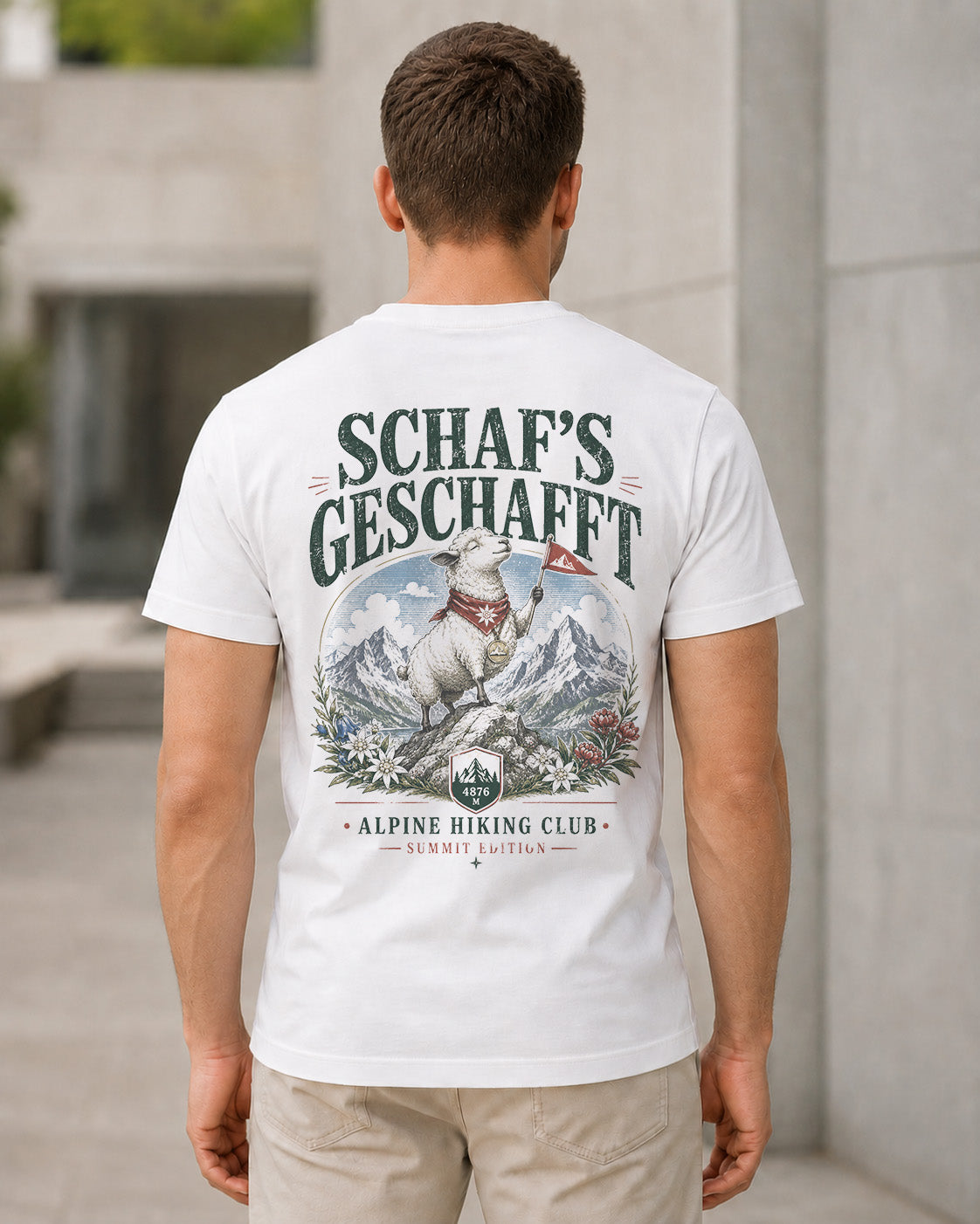 Schafs Geschafft T-Shirt – Bio-Baumwolle Shirt Weiss, Rückenprint