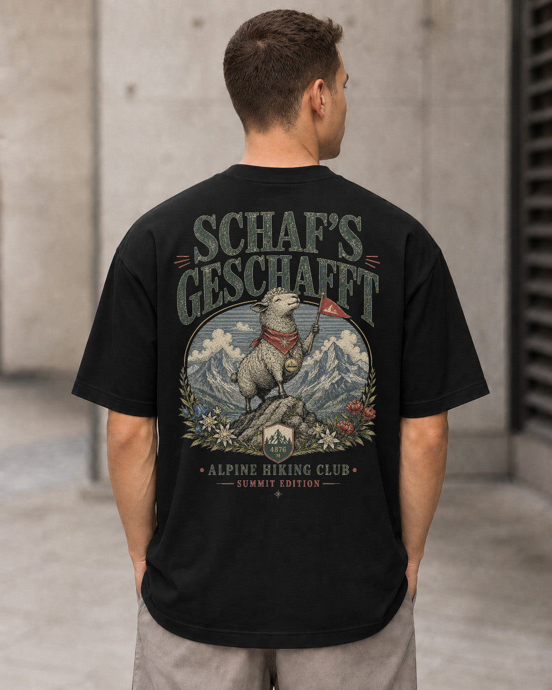 Schafs Geschafft T-Shirt – Heavyweight Oversize Shirt Schwarz, Rückenprint