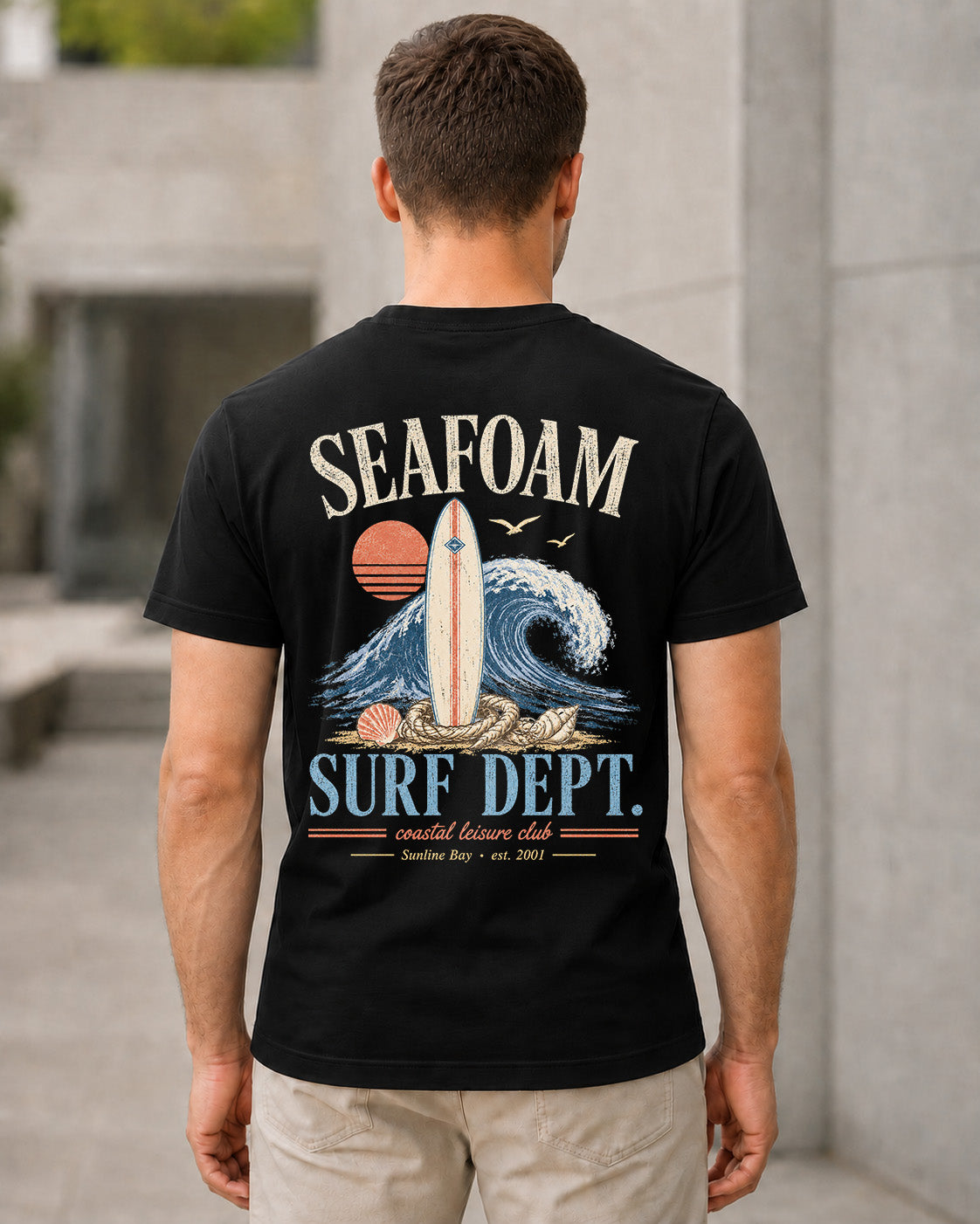 Seafoam Surf Dept T-Shirt – Bio-Baumwolle Shirt Schwarz, Rückenprint