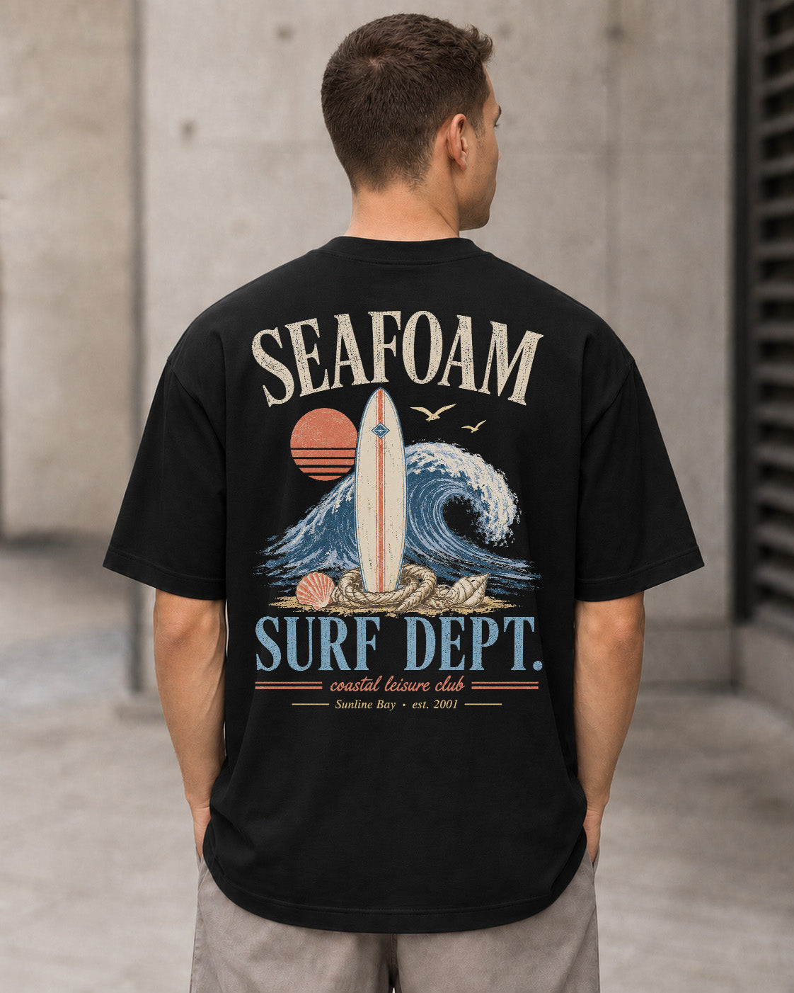 Seafoam Surf Dept T-Shirt – Heavyweight Oversize Shirt Schwarz, Rückenprint