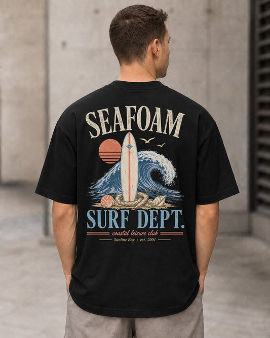 Seafoam Surf Dept T-Shirt – Heavyweight Oversize Shirt Schwarz, Rückenprint