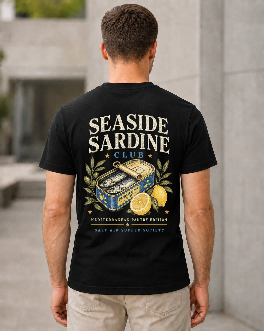 Seaside Sardine Club T-Shirt – Bio-Baumwolle Shirt Schwarz, Rückenprint
