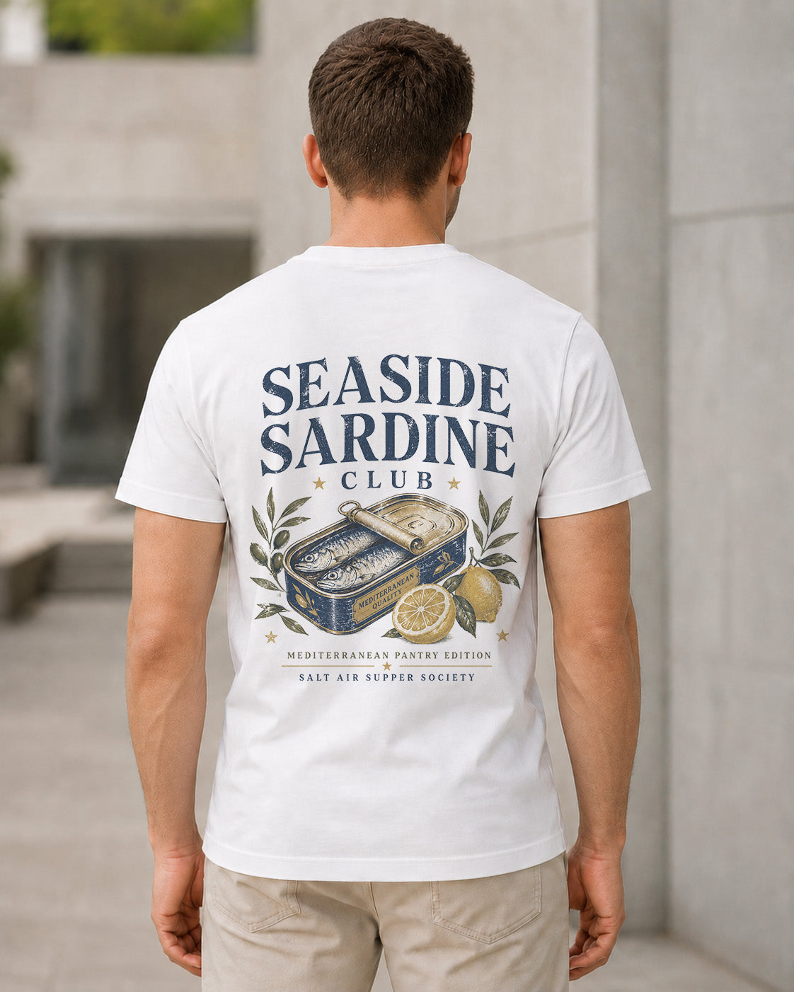 Seaside Sardine Club T-Shirt – Bio-Baumwolle Shirt Weiss, Rückenprint