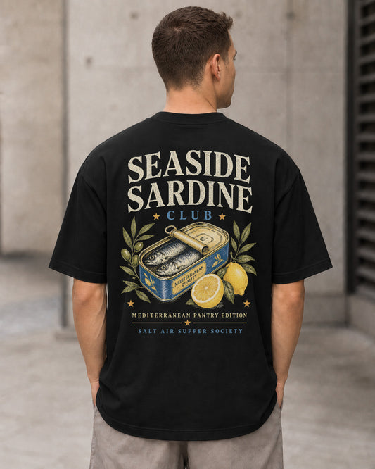 Seaside Sardine Club T-Shirt – Heavyweight Oversize Shirt Schwarz, Rückenprint