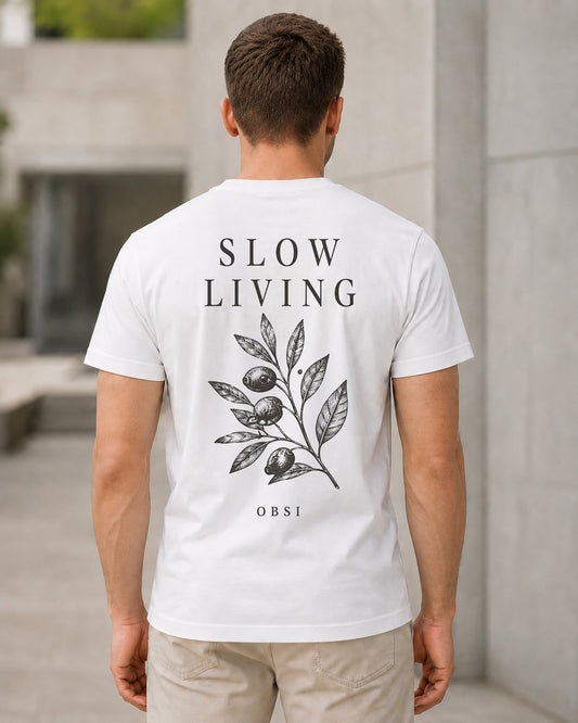 Slow Living Botanical T-Shirt – Bio-Baumwolle Shirt Weiss, Rückenprint