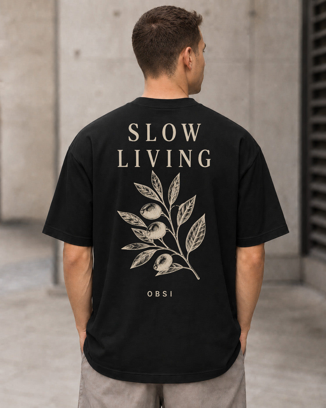 Slow Living Botanical T-Shirt – Heavyweight Oversize Shirt Schwarz, Rückenprint