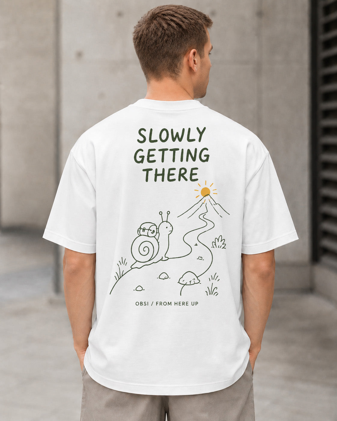 Slowly Getting There T-Shirt – Heavyweight Oversize Shirt Weiss, Rückenprint