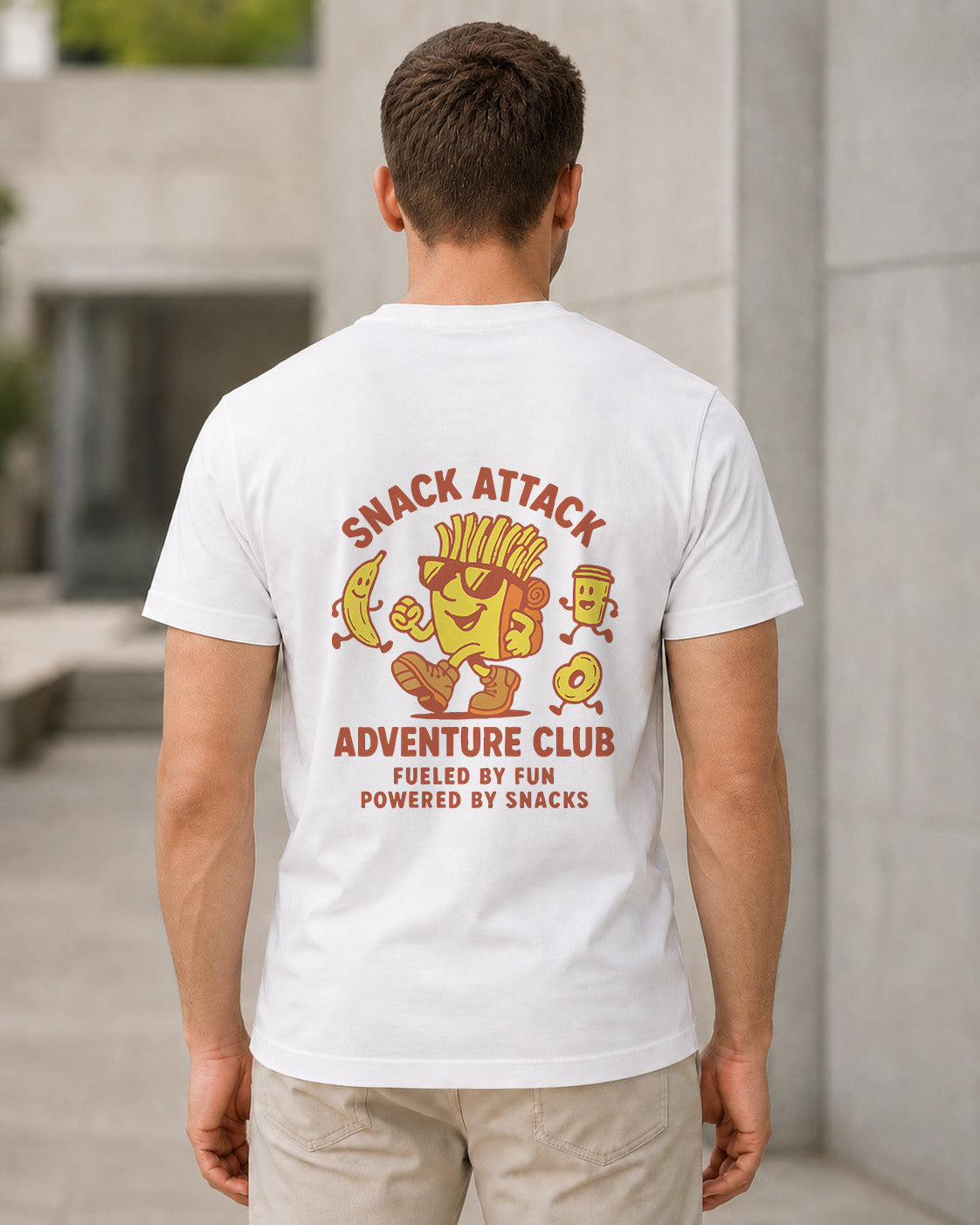 Snack Attack T-Shirt – Bio-Baumwolle Shirt Weiss, Rückenprint