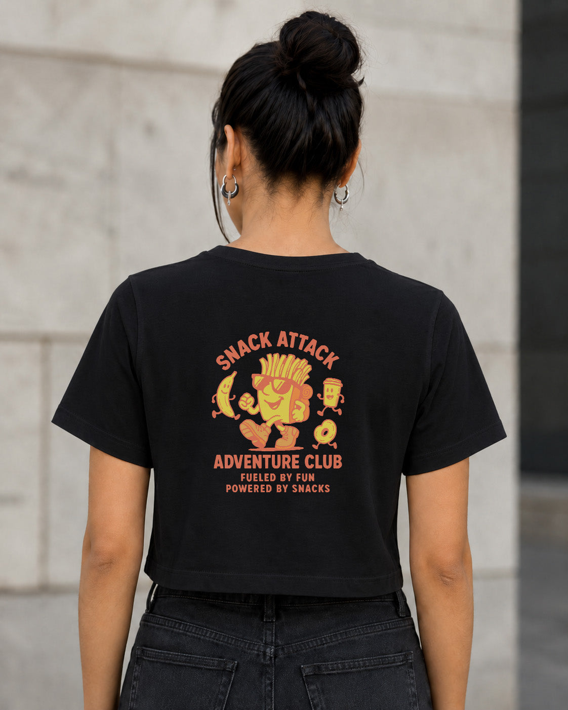 Snack Attack T-Shirt – Frauen Crop Shirt Schwarz, Rückenprint