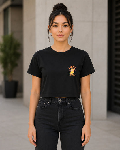 Snack Attack T-Shirt – Frauen Crop Shirt Schwarz, Frontansicht