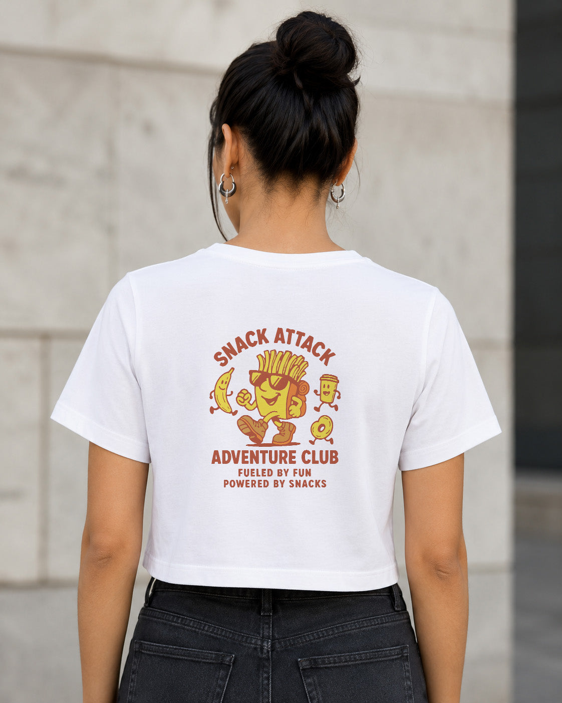 Snack Attack T-Shirt – Frauen Crop Shirt Weiss, Rückenprint