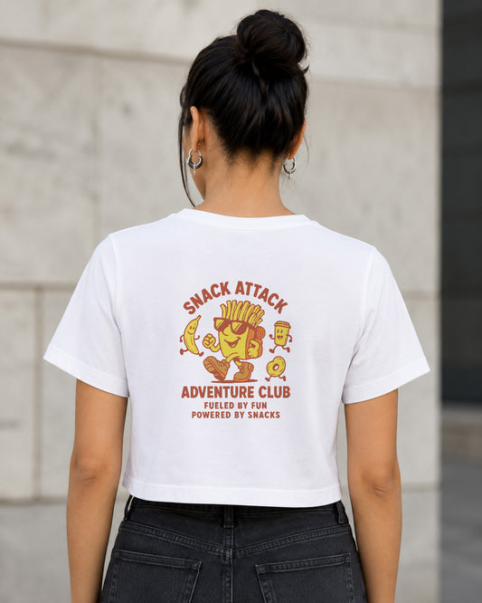 Snack Attack T-Shirt – Frauen Crop Shirt Weiss, Rückenprint