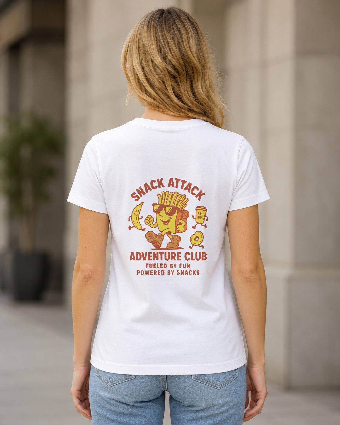 Snack Attack T-Shirt – Frauen Shirt Weiss, Rückenprint