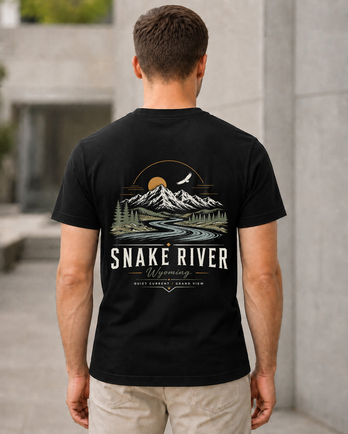 Snake River T-Shirt – Bio-Baumwolle Shirt Schwarz, Rückenprint