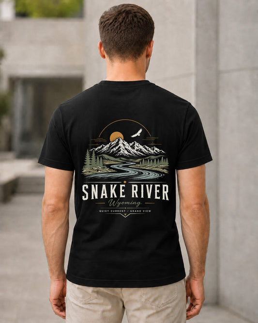 Snake River T-Shirt – Bio-Baumwolle Shirt Schwarz, Rückenprint