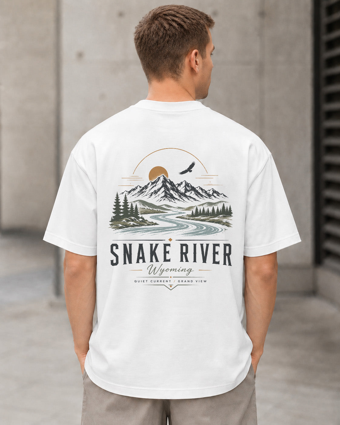 Snake River T-Shirt – Heavyweight Oversize Shirt Weiss, Rückenprint