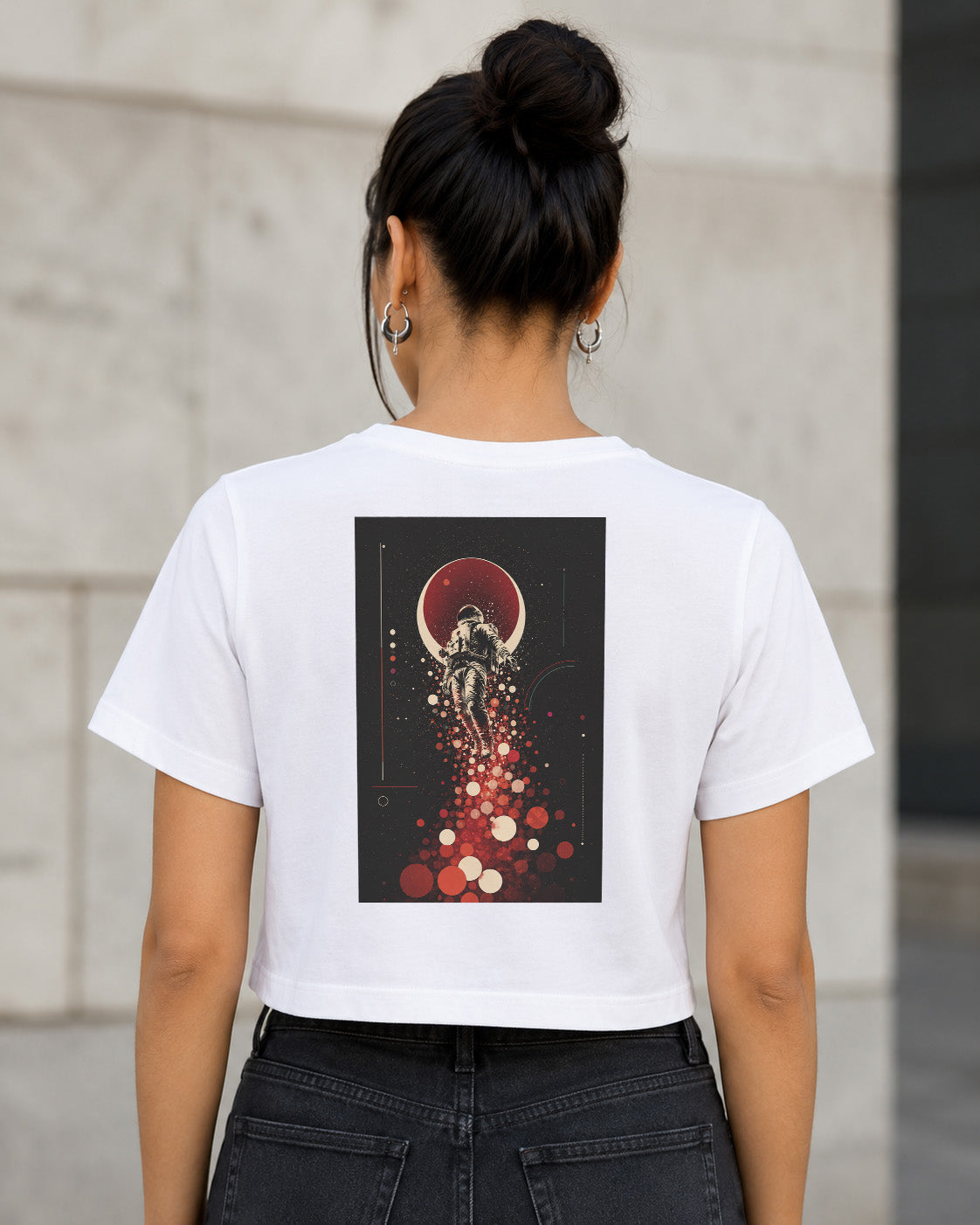 Stardust Astronaut T-Shirt – Frauen Crop Shirt Weiss, Rückenprint