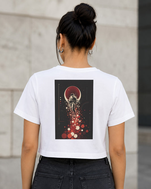 Stardust Astronaut T-Shirt – Frauen Crop Shirt Weiss, Rückenprint