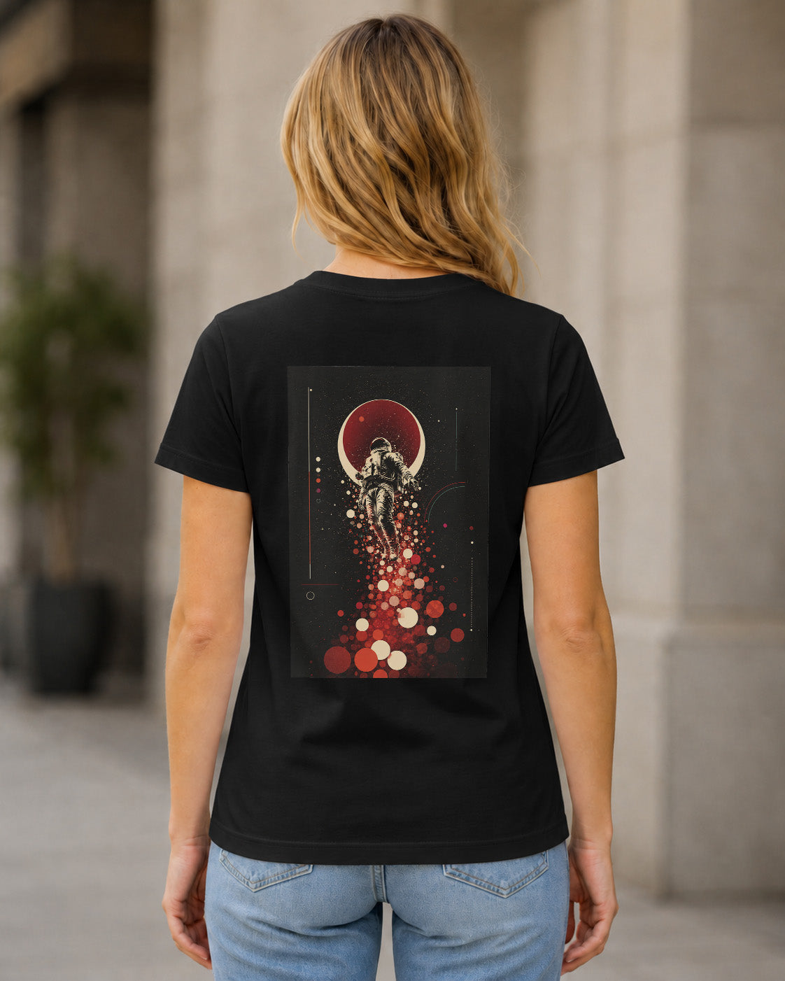 Stardust Astronaut T-Shirt – Frauen Shirt Schwarz, Rückenprint