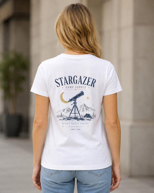 Stargazer Camp Supply T-Shirt – Frauen Shirt Weiss, Rückenprint