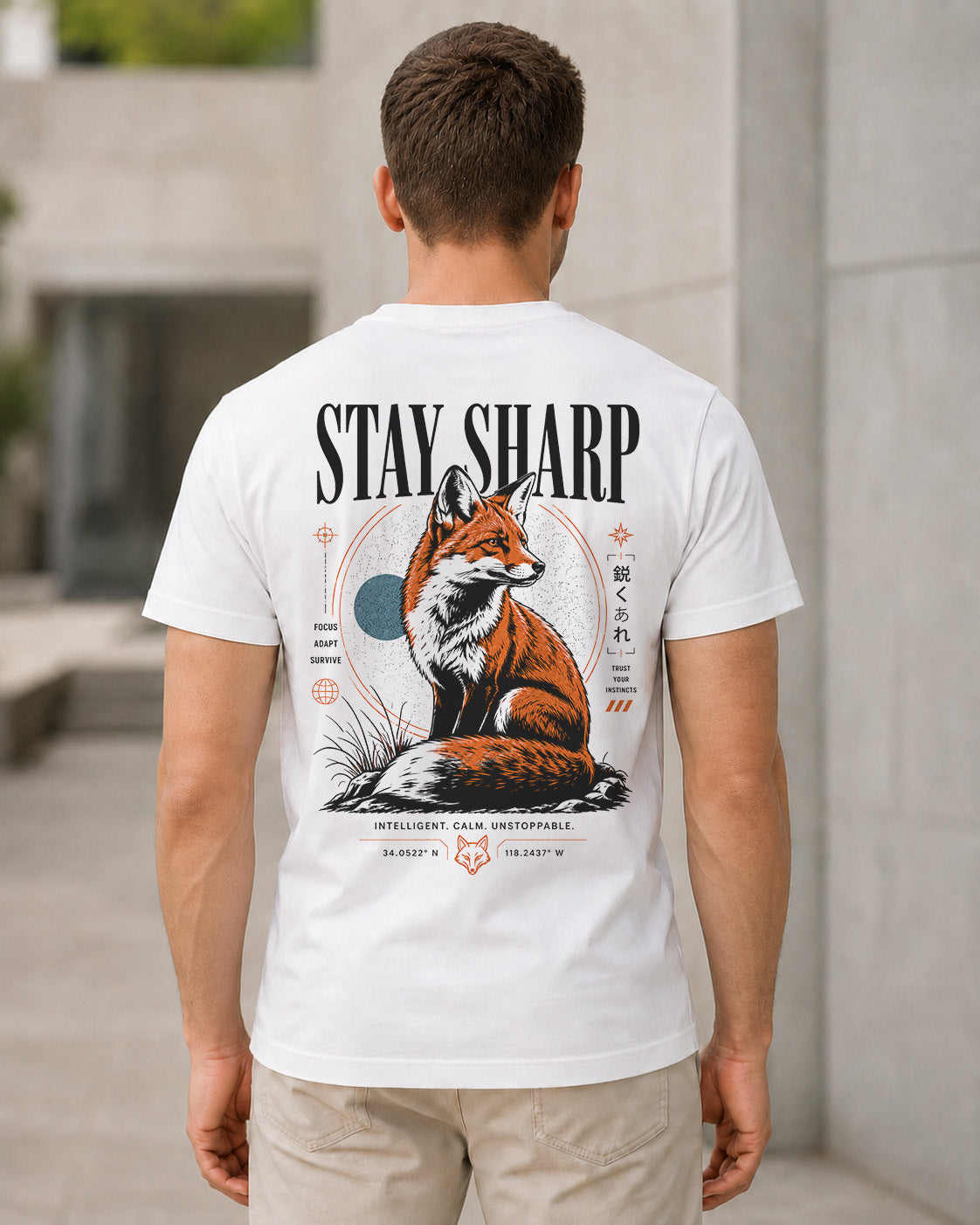Stay Sharp T-Shirt – Bio-Baumwolle Shirt Weiss, Rückenprint