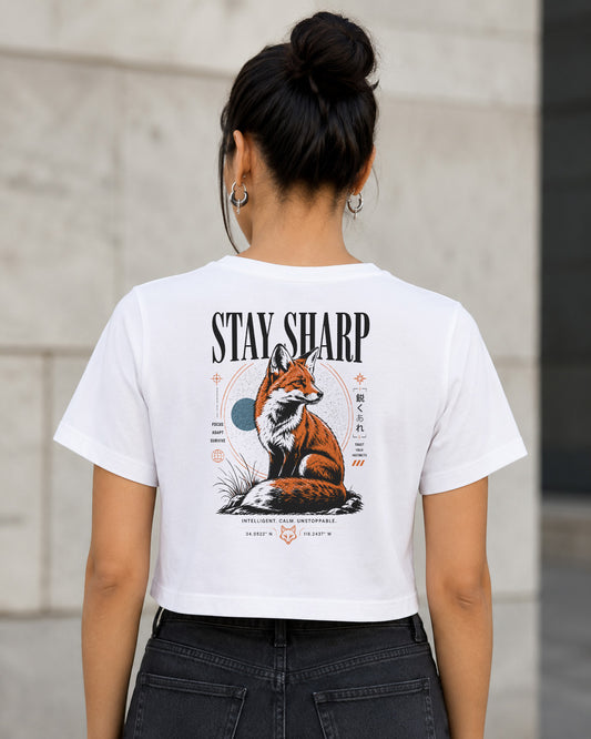 Stay Sharp T-Shirt – Frauen Crop Shirt Weiss, Rückenprint