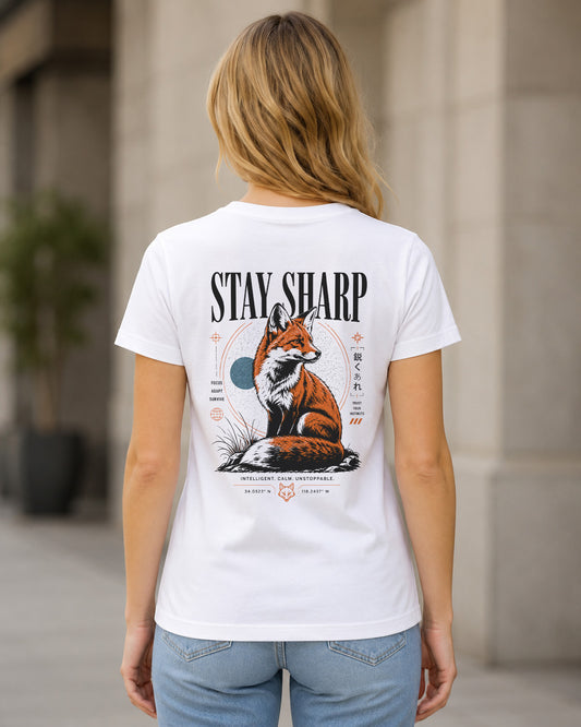 Stay Sharp T-Shirt – Frauen Shirt Weiss, Rückenprint