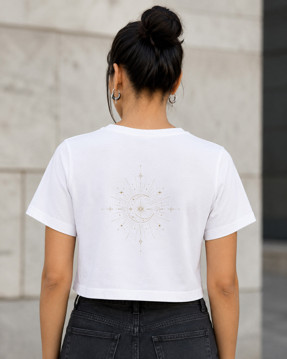 Sun and Moon T-Shirt – Frauen Crop Shirt Weiss, Rückenprint