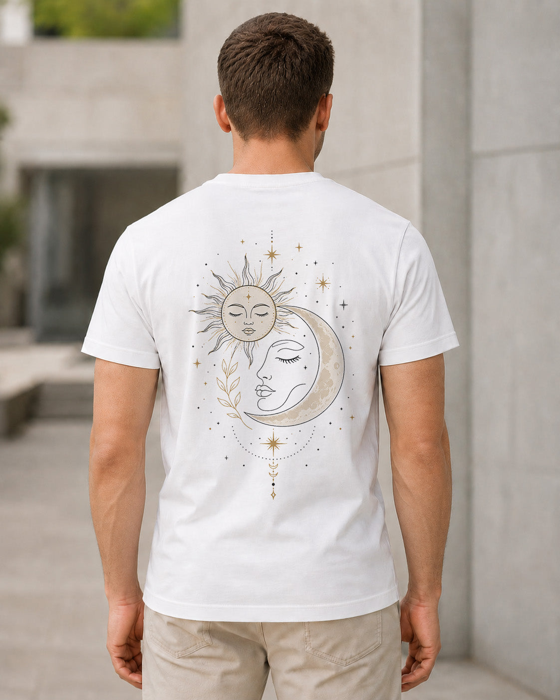 Sun Moon Face T-Shirt – Bio-Baumwolle Shirt Weiss, Rückenprint