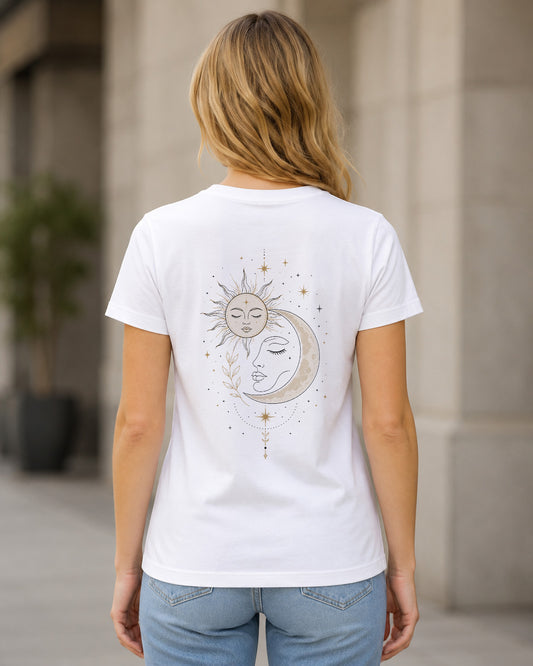 Sun Moon Face T-Shirt – Frauen Shirt Weiss, Rückenprint