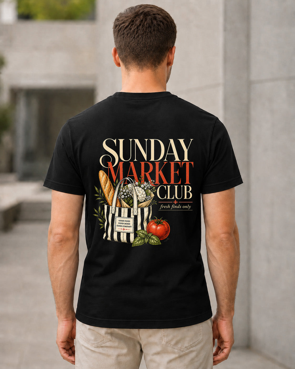Sunday Market Club T-Shirt – Bio-Baumwolle Shirt Schwarz, Rückenprint