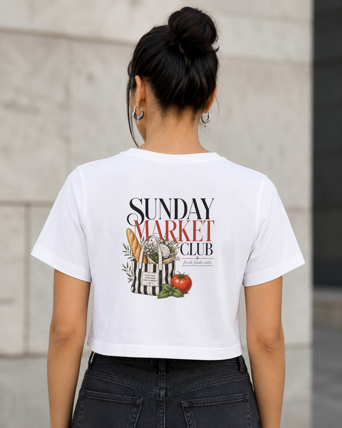 Sunday Market Club T-Shirt – Frauen Crop Shirt Weiss, Rückenprint