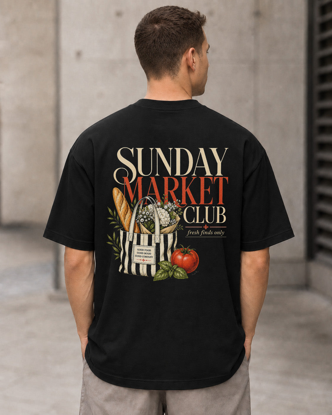 Sunday Market Club T-Shirt – Heavyweight Oversize Shirt Schwarz, Rückenprint