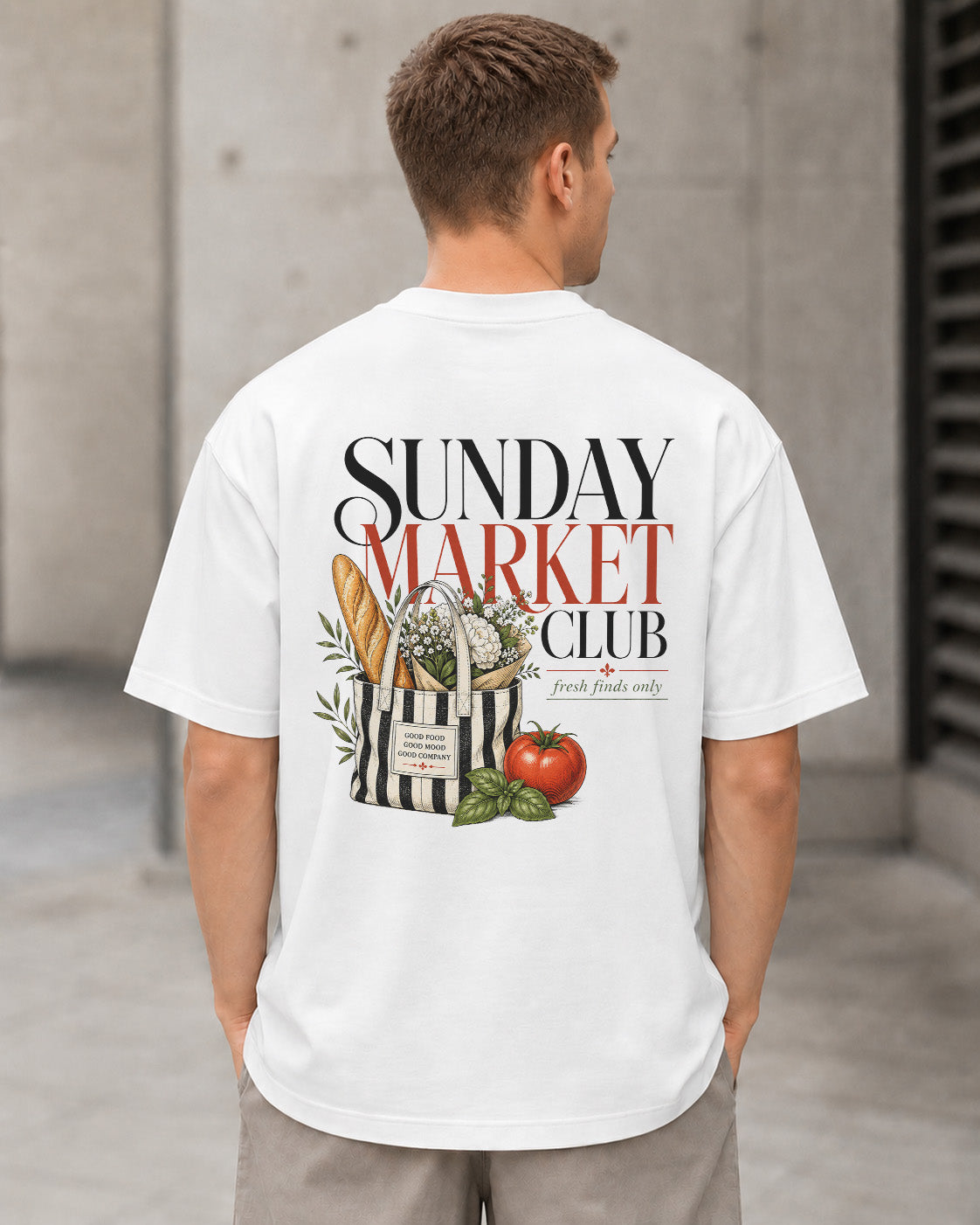 Sunday Market Club T-Shirt – Heavyweight Oversize Shirt Weiss, Rückenprint