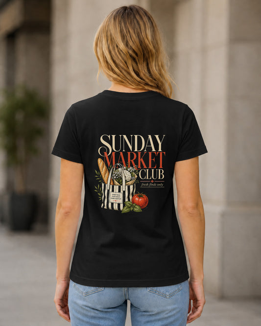Sunday Market Club T-Shirt – Frauen Shirt Schwarz, Rückenprint