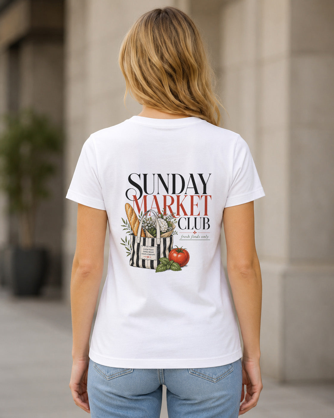 Sunday Market Club T-Shirt – Frauen Shirt Weiss, Rückenprint