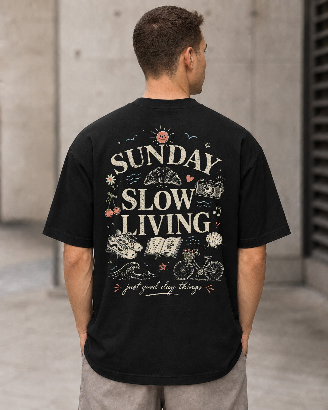 Sunday Slow Living T-Shirt – Heavyweight Oversize Shirt Schwarz, Rückenprint