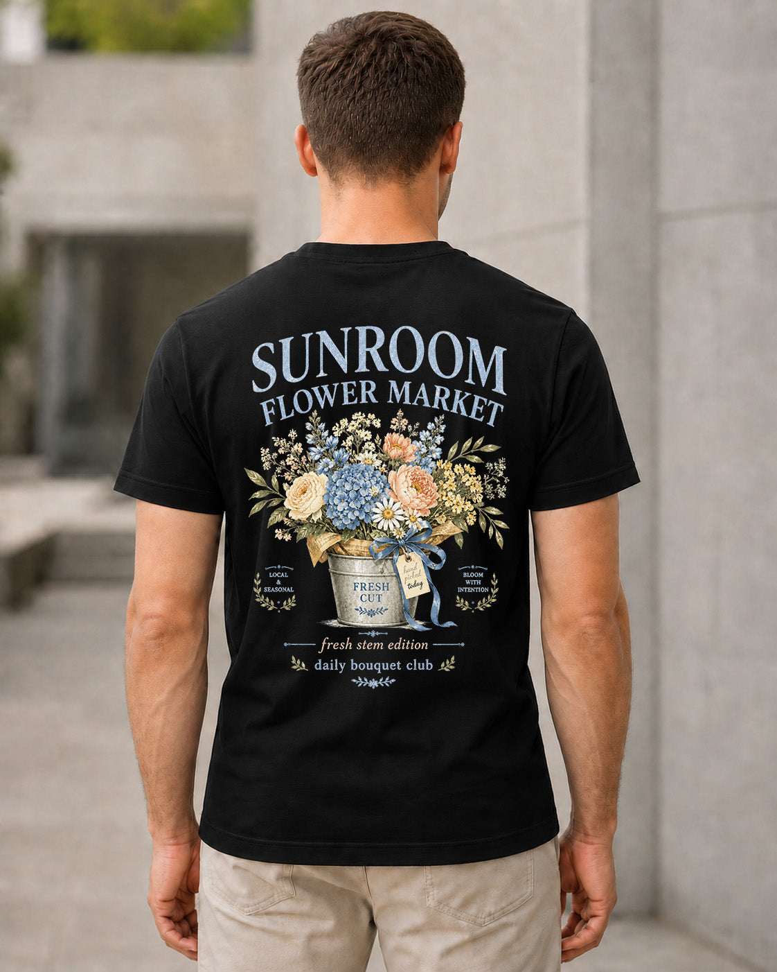 Sunroom Flower Market T-Shirt – Bio-Baumwolle Shirt Schwarz, Rückenprint