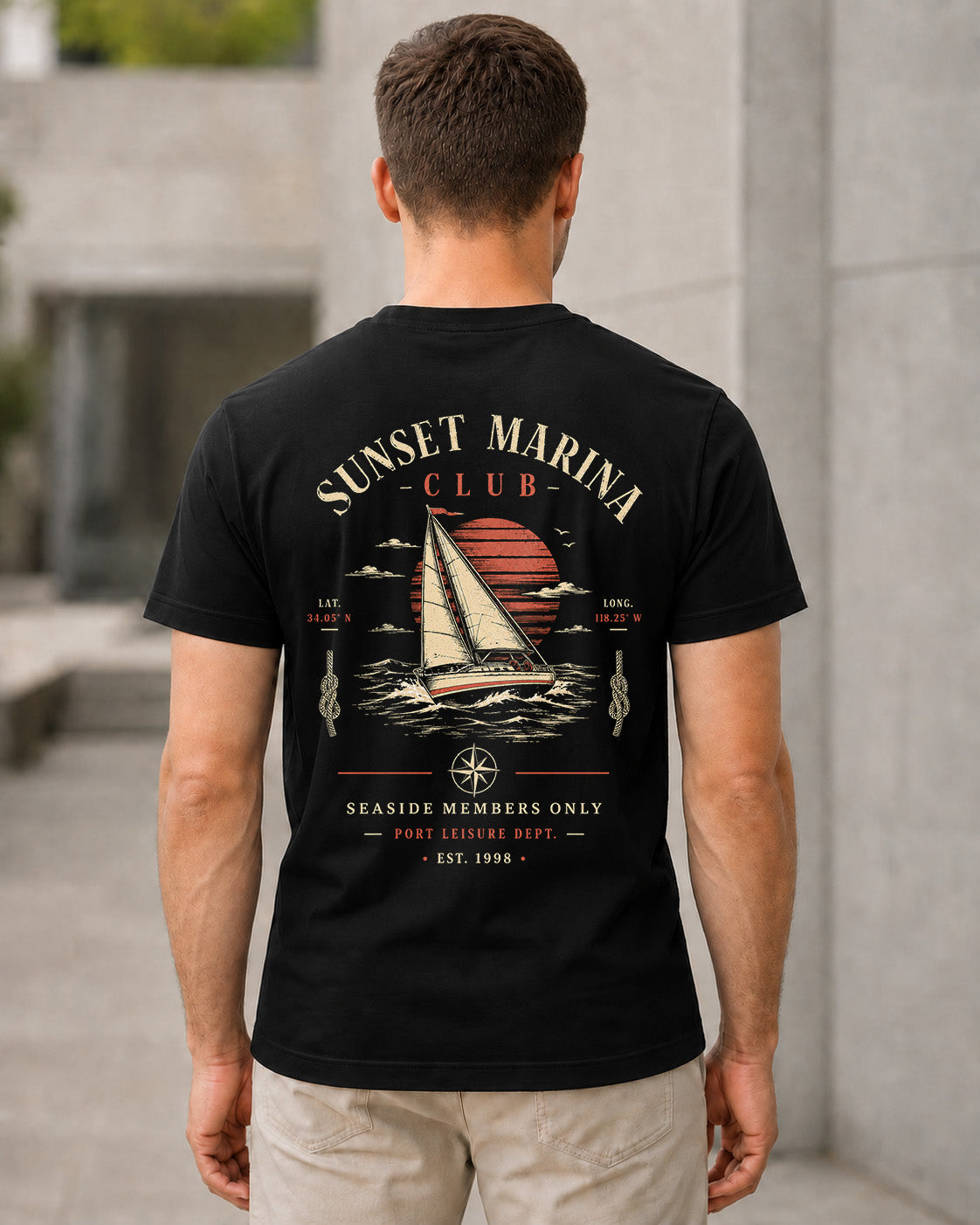 Sunset Marina Club T-Shirt – Bio-Baumwolle Shirt Schwarz, Rückenprint