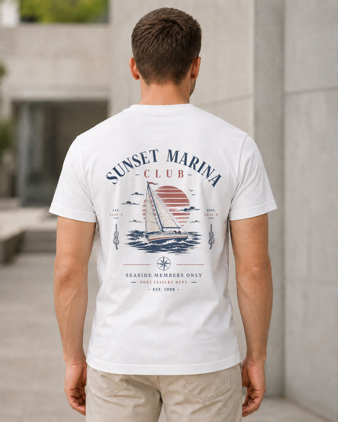 Sunset Marina Club T-Shirt – Bio-Baumwolle Shirt Weiss, Rückenprint