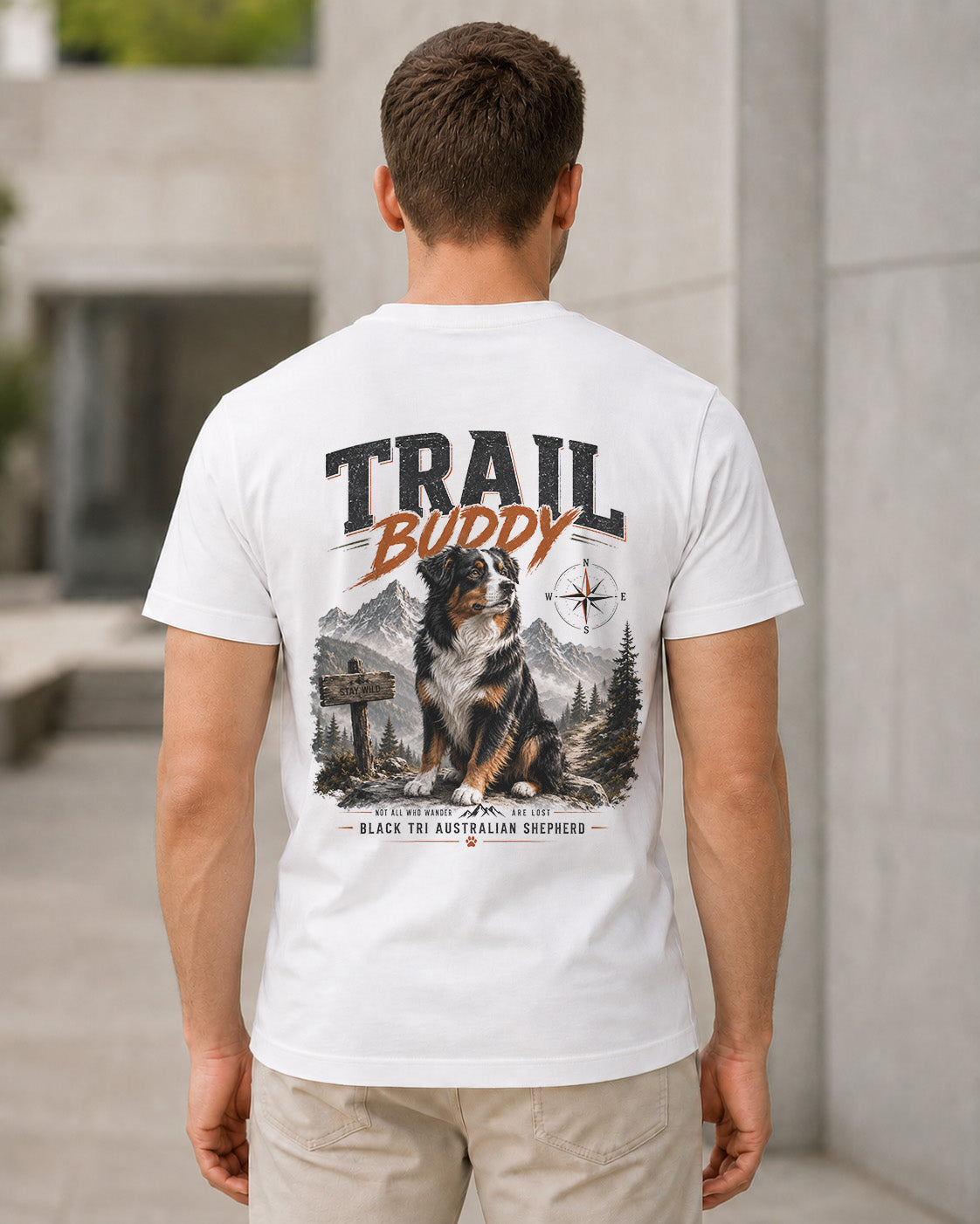 Trail Buddy Aussie T-Shirt – Bio-Baumwolle Shirt Weiss, Rückenprint