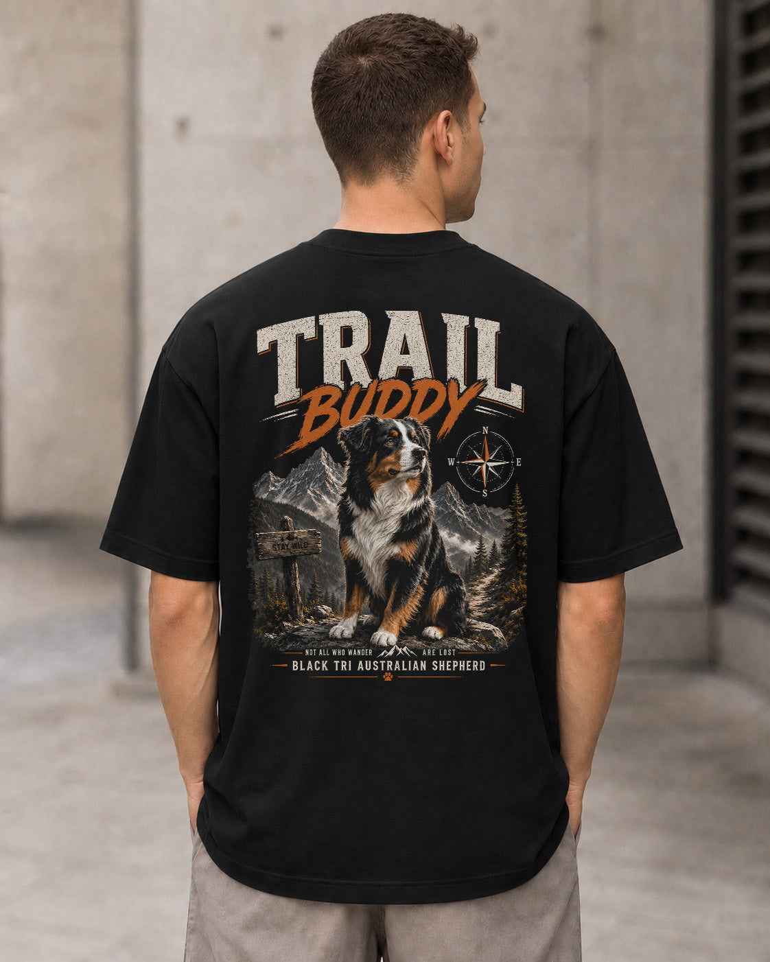 Trail Buddy Aussie T-Shirt – Heavyweight Oversize Shirt Schwarz, Rückenprint