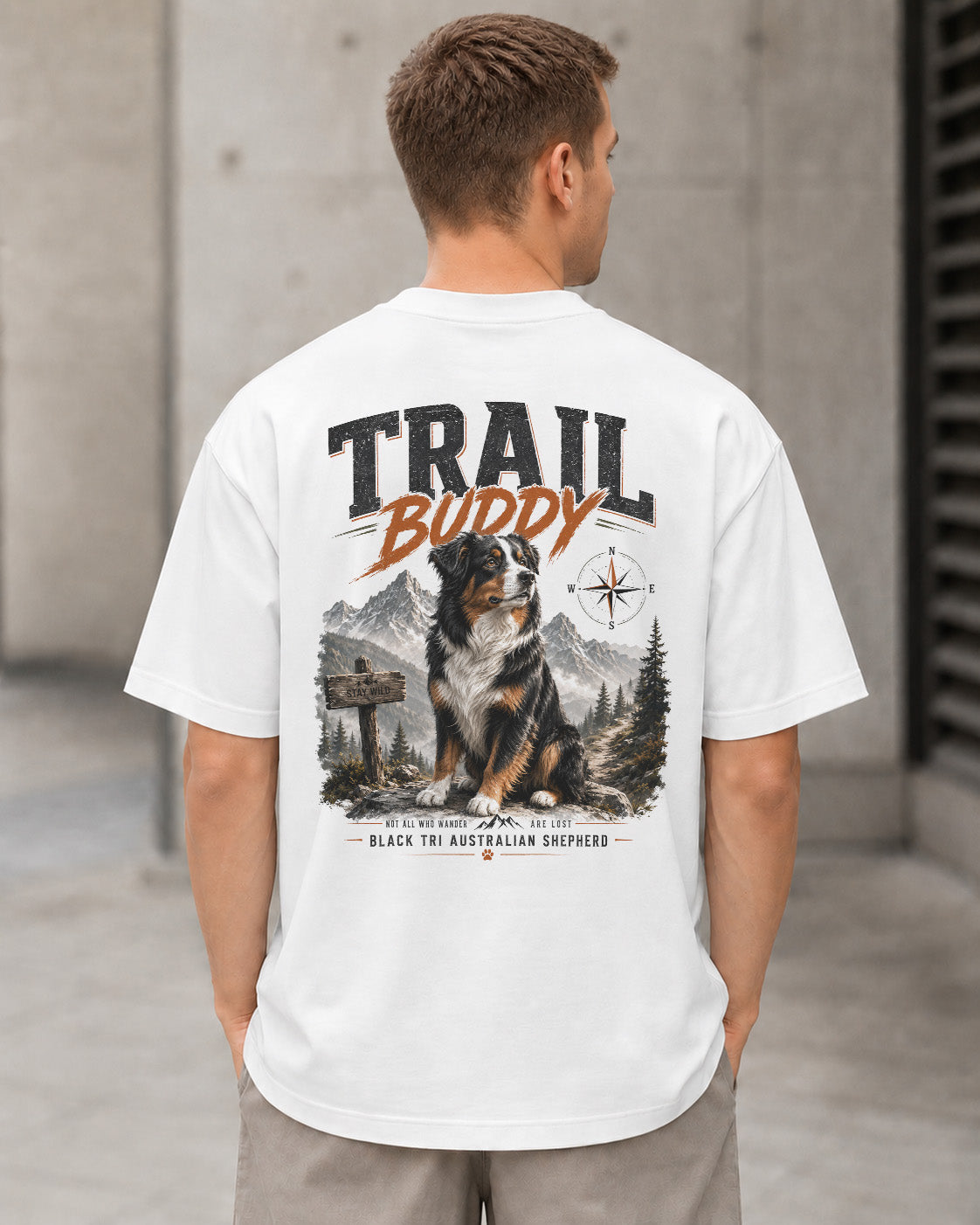 Trail Buddy Aussie T-Shirt – Heavyweight Oversize Shirt Weiss, Rückenprint