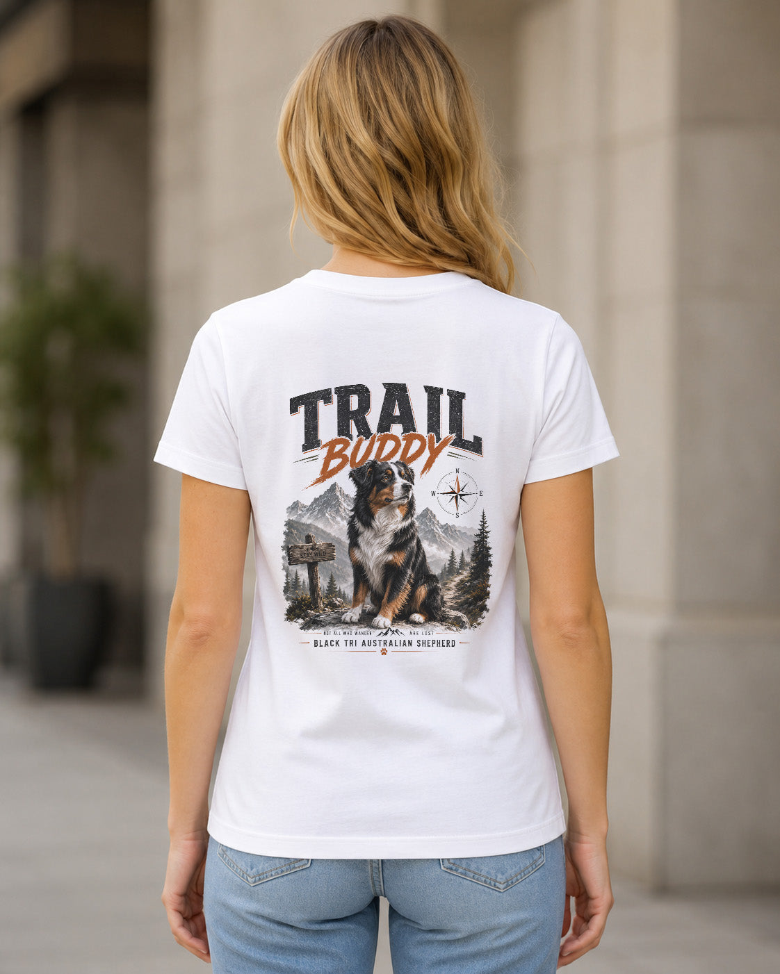 Trail Buddy Aussie T-Shirt – Frauen Shirt Weiss, Rückenprint