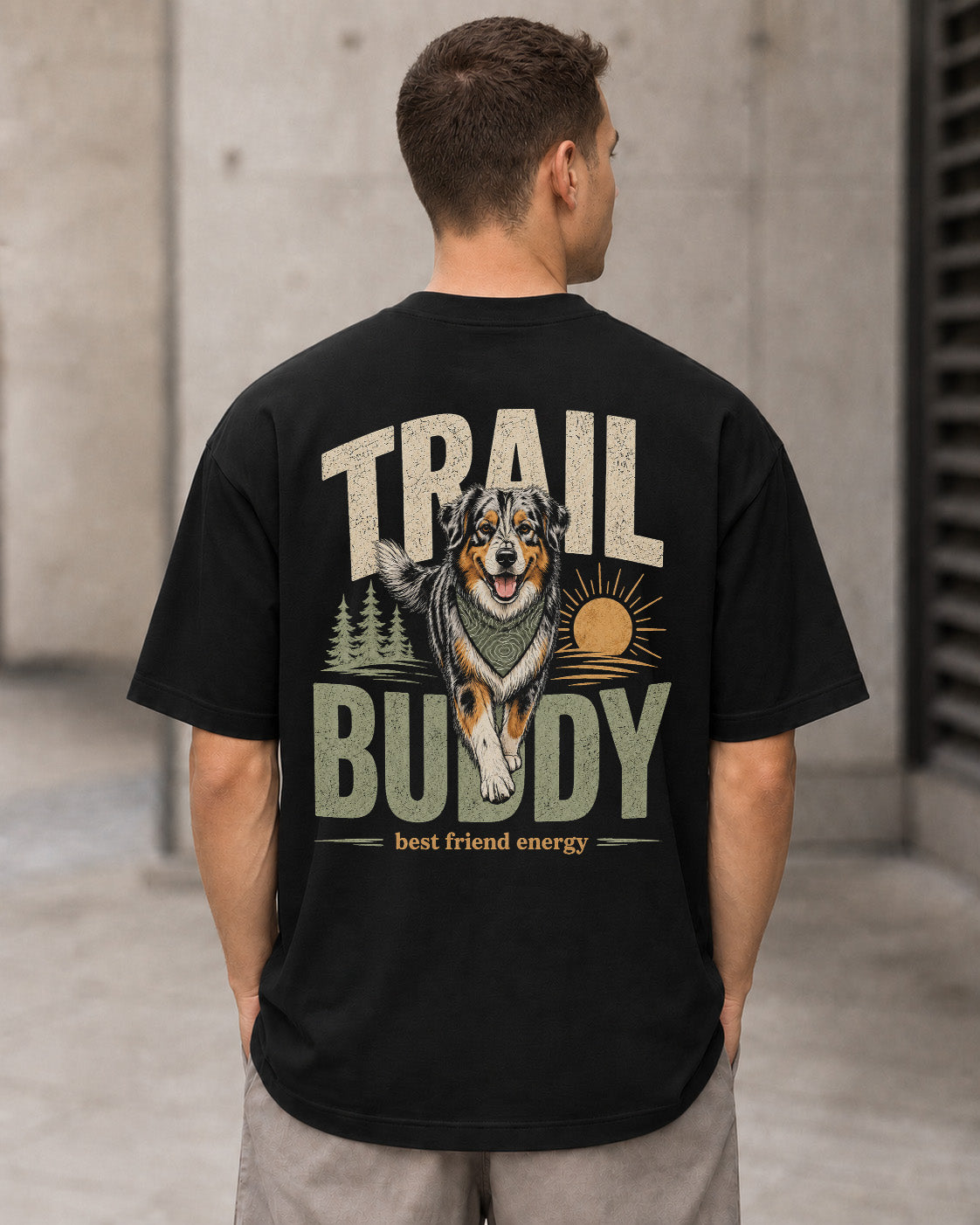 Trail Buddy Aussie Merle T-Shirt – Heavyweight Oversize Shirt Schwarz, Rückenprint