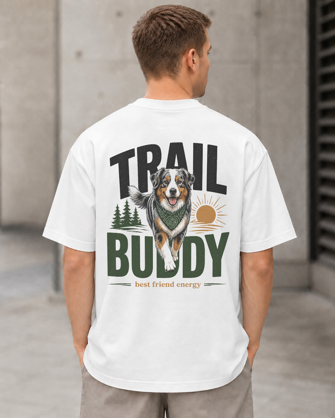 Trail Buddy Aussie Merle T-Shirt – Heavyweight Oversize Shirt Weiss, Rückenprint